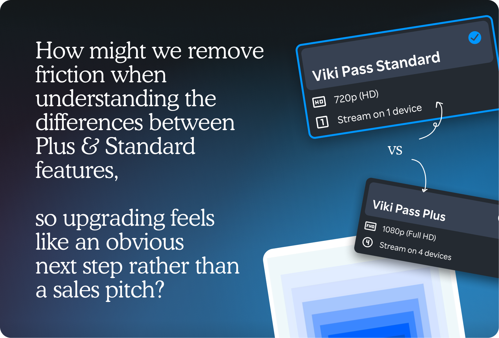 How might we remove friction when understanding the differences between Plus & Standard features, so upgrading feels like an obvious next step rather than a sales pitch — Viki Pass Standard card compared against Viki Pass Plus card